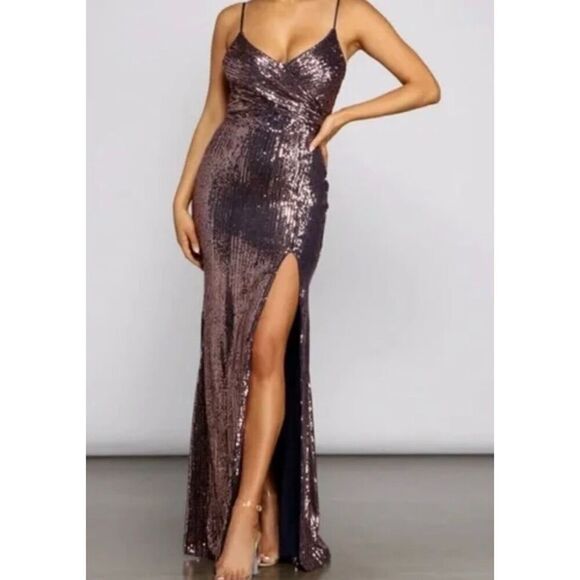 Windsor Glitter Sequin Prom Dresses Spaghetti. Navy Blue with pink sequins. Size - Picture 1 of 15